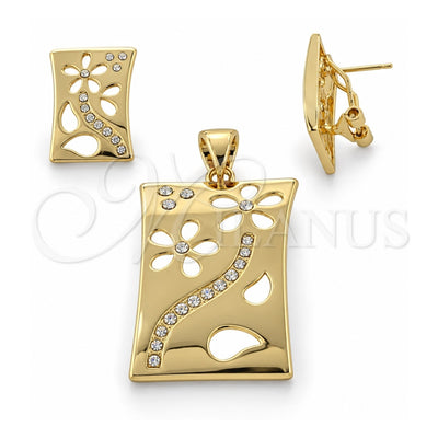Oro Laminado Earring and Pendant Adult Set, Gold Filled Style Flower Design, with White Crystal, Polished, Golden Finish, 5.047.005