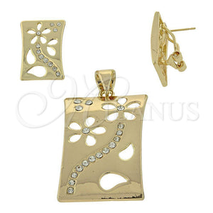 Oro Laminado Earring and Pendant Adult Set, Gold Filled Style Flower Design, with White Crystal, Polished, Golden Finish, 5.047.005