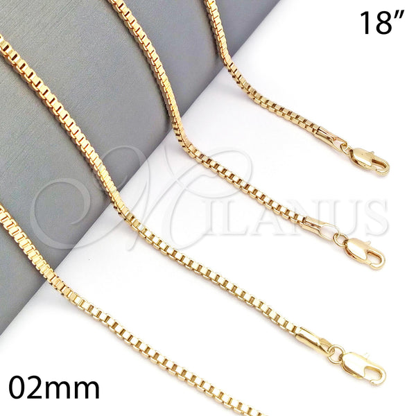 Oro Laminado Basic Necklace, Gold Filled Style Box Design, Polished, Golden Finish, 5.222.038.18 (02 MM Thickness, 18 Inches Length)