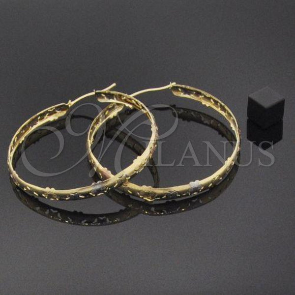 Oro Laminado Large Hoop, Gold Filled Style Flower and Heart Design, Diamond Cutting Finish, Tricolor, 02.32.0277