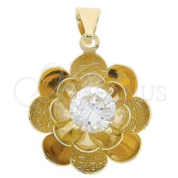 Oro Laminado Fancy Pendant, Gold Filled Style Flower Design, with White Cubic Zirconia, Polished, Golden Finish, 05.21.0016