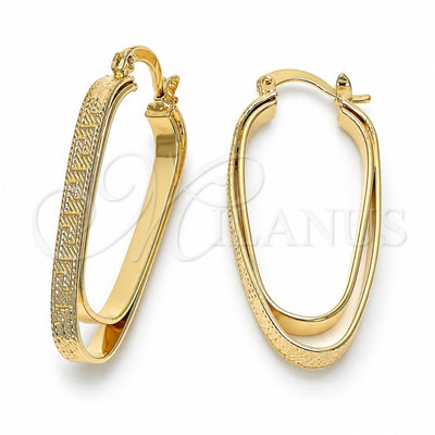 Oro Laminado Medium Hoop, Gold Filled Style Greek Key Design, Diamond Cutting Finish, Golden Finish, 5.153.044