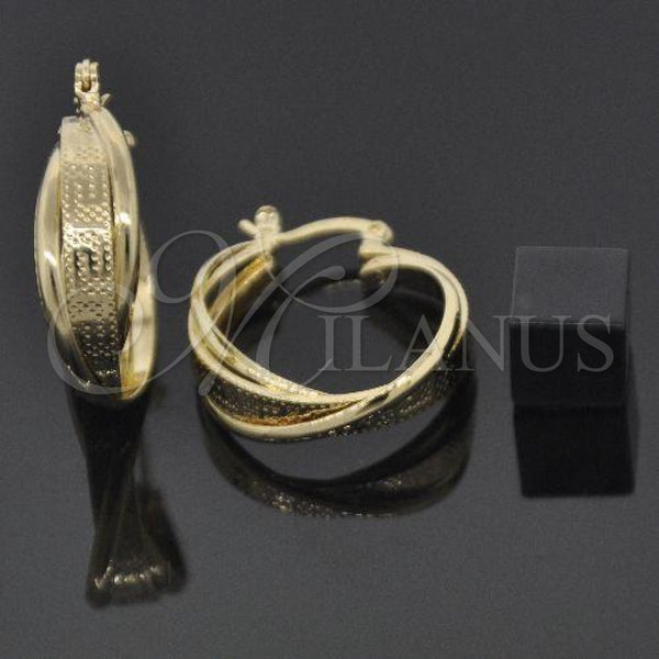 Oro Laminado Small Hoop, Gold Filled Style Twist and Greek Key Design, Diamond Cutting Finish, Golden Finish, 5.154.030