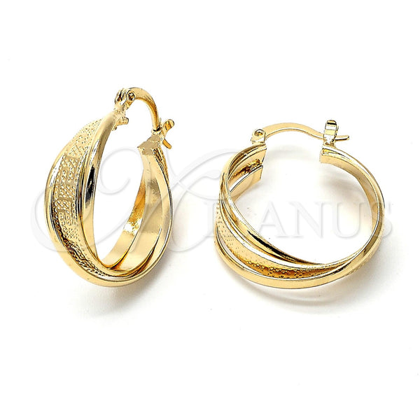 Oro Laminado Small Hoop, Gold Filled Style Twist and Greek Key Design, Diamond Cutting Finish, Golden Finish, 5.154.030