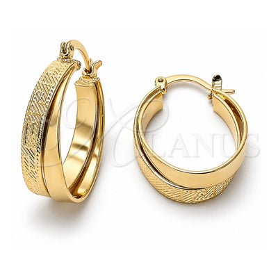 Oro Laminado Small Hoop, Gold Filled Style Greek Key Design, Diamond Cutting Finish, Golden Finish, 5.144.019