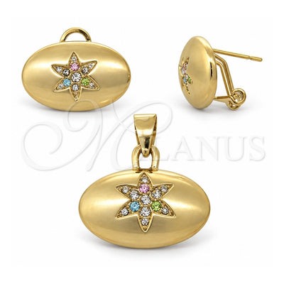 Oro Laminado Earring and Pendant Adult Set, Gold Filled Style with White Crystal, Polished, Golden Finish, 10.63.0199
