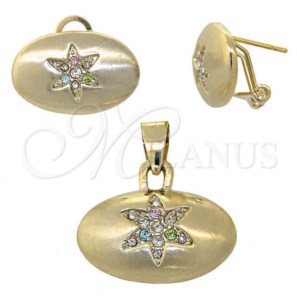 Oro Laminado Earring and Pendant Adult Set, Gold Filled Style with White Crystal, Polished, Golden Finish, 10.63.0199