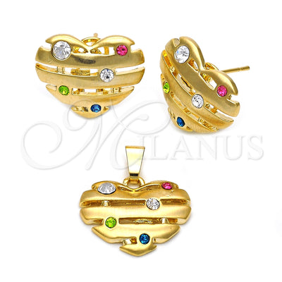Oro Laminado Earring and Pendant Adult Set, Gold Filled Style Heart Design, with Multicolor Crystal, Polished for wholesale, main product view