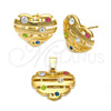 Oro Laminado Earring and Pendant Adult Set, Gold Filled Style Heart Design, with Multicolor Crystal, Polished, Golden Finish, 5.047.004