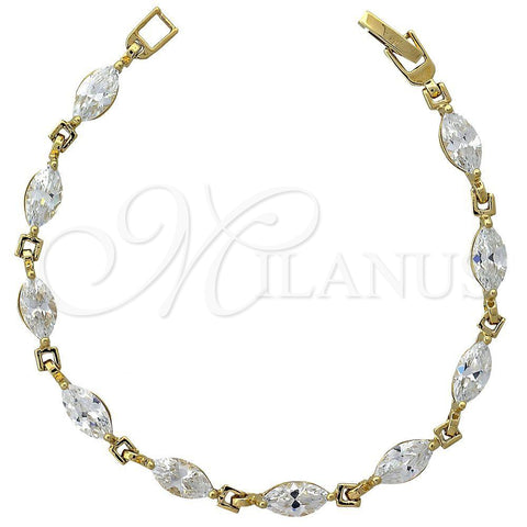 Oro Laminado Fancy Bracelet, Gold Filled Style Leaf Design, with White Cubic Zirconia, Polished, Golden Finish, 5.029.002 (05 MM Thickness, 7 Inches Length)