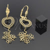 Oro Laminado Dangle Earring, Gold Filled Style Heart and Flower Design, Diamond Cutting Finish, Golden Finish, 02.63.0617