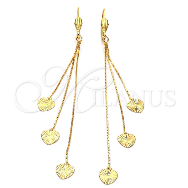 Oro Laminado Long Earring, Gold Filled Style Heart and Long Box Design, Diamond Cutting Finish, Golden Finish, 02.63.0627