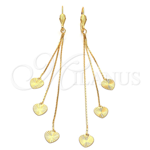 Oro Laminado Long Earring, Gold Filled Style Heart and Long Box Design, Diamond Cutting Finish, Golden Finish, 02.63.0627