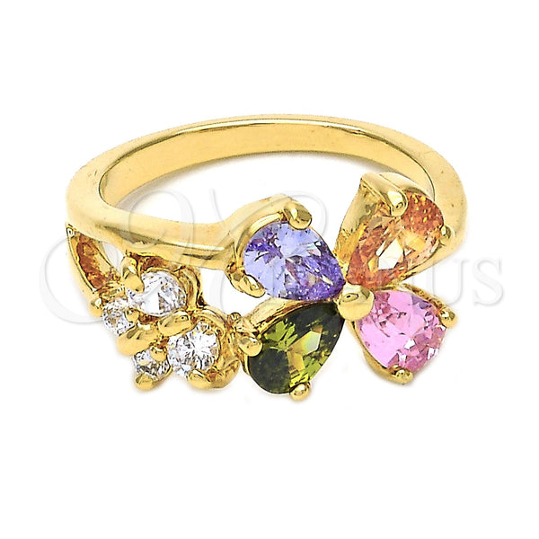 Oro Laminado Multi Stone Ring, Gold Filled Style Flower and Butterfly Design, with Multicolor and White Cubic Zirconia, Polished, Golden Finish, 5.172.011.07 (Size 7)