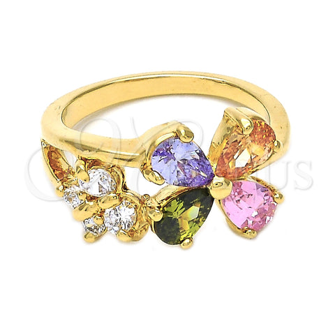 Oro Laminado Multi Stone Ring, Gold Filled Style Flower and Butterfly Design, with Multicolor and White Cubic Zirconia, Polished, Golden Finish, 5.172.011.07 (Size 7)