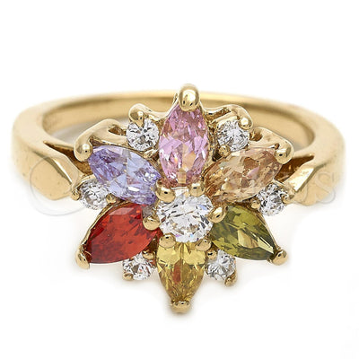 Oro Laminado Multi Stone Ring, Gold Filled Style Flower Design, with Multicolor Cubic Zirconia, Polished for wholesale, main product view