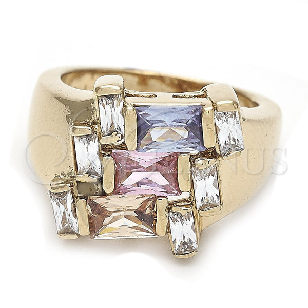 Oro Laminado Multi Stone Ring, Gold Filled Style Baguette Design, with Multicolor and White Cubic Zirconia, Polished, Golden Finish, 5.172.004.07 (Size 7)