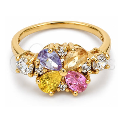 Oro Laminado Multi Stone Ring, Gold Filled Style Flower Design, with Multicolor and White Cubic Zirconia, Polished, Golden Finish, 5.172.002.07 (Size 7)