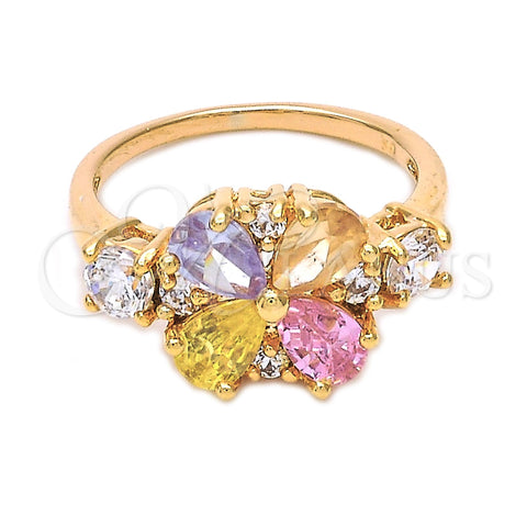Oro Laminado Multi Stone Ring, Gold Filled Style Flower Design, with Multicolor and White Cubic Zirconia, Polished, Golden Finish, 5.172.002.07 (Size 7)