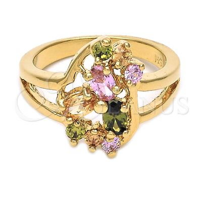 Oro Laminado Multi Stone Ring, Gold Filled Style Flower Design, with Multicolor Cubic Zirconia, Polished for wholesale, main product view