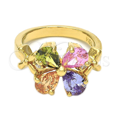Oro Laminado Multi Stone Ring, Gold Filled Style Flower Design, with Multicolor and White Cubic Zirconia for wholesale, main product view