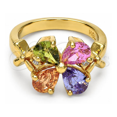Oro Laminado Multi Stone Ring, Gold Filled Style Flower Design, with Multicolor and White Cubic Zirconia, Polished, Golden Finish, 5.172.008.07 (Size 7)