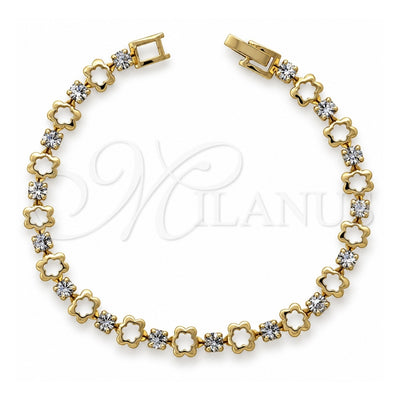 Oro Laminado Tennis Bracelet, Gold Filled Style Flower Design, with White Cubic Zirconia, Polished, Golden Finish, 5.023.012 (06 MM Thickness, 8 Inches Length)