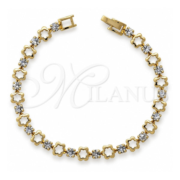 Oro Laminado Tennis Bracelet, Gold Filled Style Flower Design, with White Cubic Zirconia, Polished, Golden Finish, 5.023.012 (06 MM Thickness, 8 Inches Length)