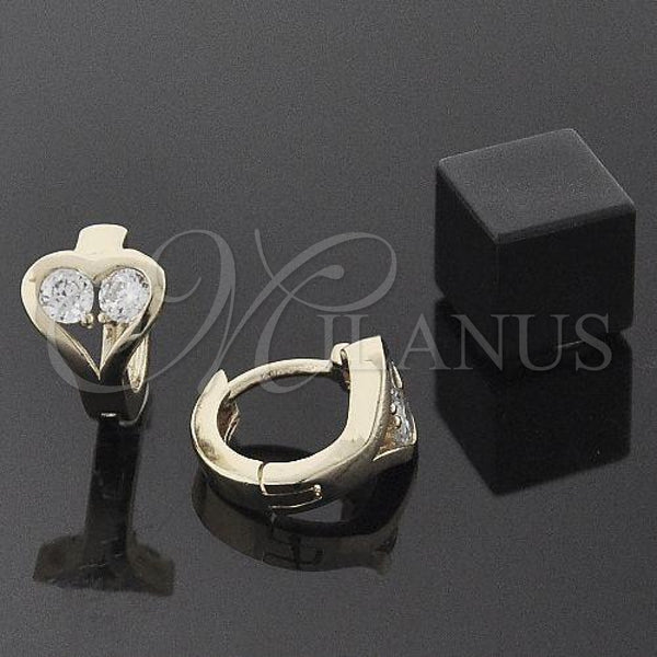 Oro Laminado Huggie Hoop, Gold Filled Style Heart Design, with White Cubic Zirconia, Polished, Golden Finish, 5.131.027