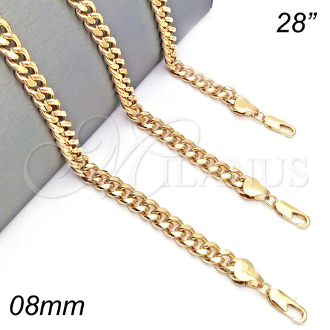 Oro Laminado Basic Necklace, Gold Filled Style Miami Cuban Design, Polished, Golden Finish, 5.223.011.28 (200 Gauge, 08 MM Thickness, 28 Inches Length)