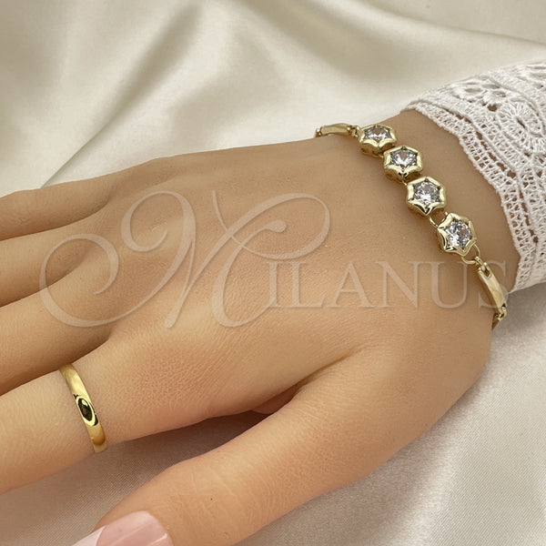 Oro Laminado Tennis Bracelet, Gold Filled Style Flower Design, with White Cubic Zirconia, Polished, Golden Finish, 5.026.003 (10 MM Thickness, 8 Inches Length)