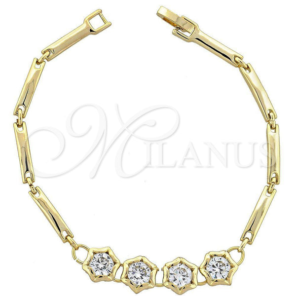Oro Laminado Tennis Bracelet, Gold Filled Style Flower Design, with White Cubic Zirconia, Polished, Golden Finish, 5.026.003 (10 MM Thickness, 8 Inches Length)