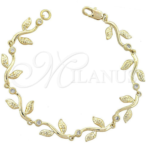 Oro Laminado Fancy Bracelet, Gold Filled Style Flower and Leaf Design, with White Cubic Zirconia, Diamond Cutting Finish, Golden Finish, 5.029.013 (13 MM Thickness, 7 Inches Length)