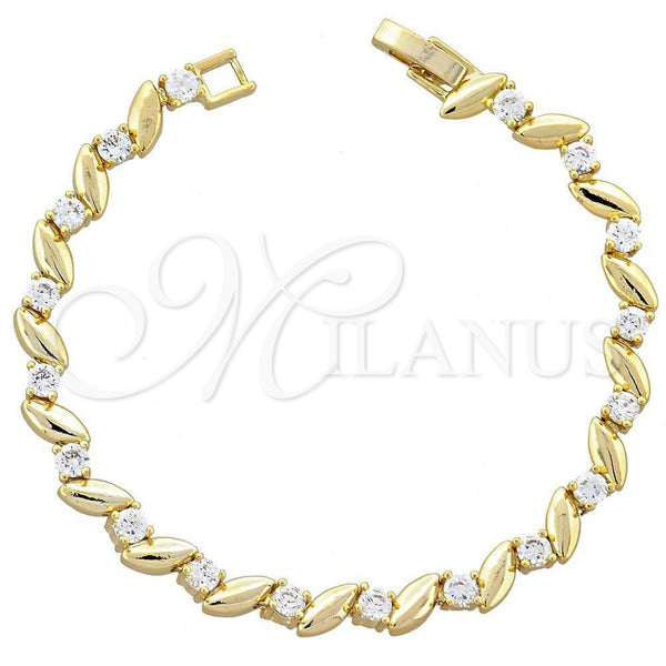 Oro Laminado Fancy Bracelet, Gold Filled Style Leaf Design, with White Cubic Zirconia, Polished, Golden Finish, 5.026.016 (05 MM Thickness, 7 Inches Length)