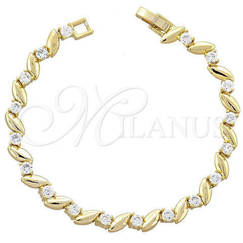 Oro Laminado Fancy Bracelet, Gold Filled Style Leaf Design, with White Cubic Zirconia, Polished, Golden Finish, 5.026.016 (05 MM Thickness, 7 Inches Length)