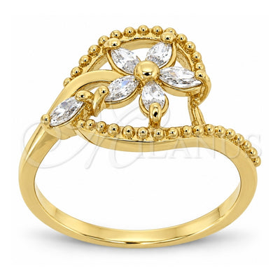 Oro Laminado Multi Stone Ring, Gold Filled Style Flower Design, with White Cubic Zirconia, Polished, Golden Finish, 5.166.007.06 (Size 6)
