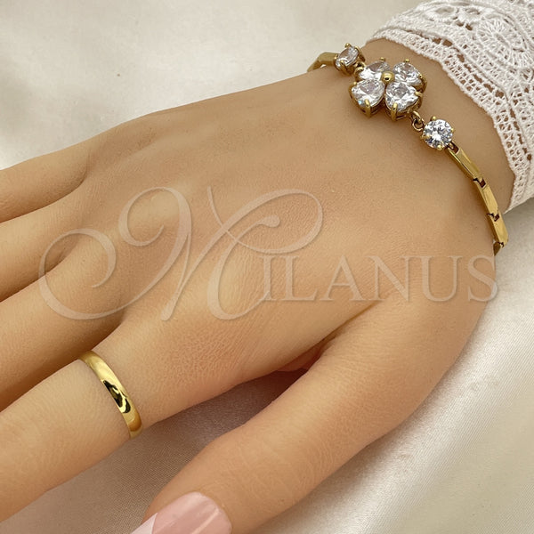 Oro Laminado Fancy Bracelet, Gold Filled Style Flower and Heart Design, with White Cubic Zirconia, Polished, Golden Finish, 5.027.002 (16 MM Thickness, 7 Inches Length)