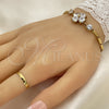 Oro Laminado Fancy Bracelet, Gold Filled Style Flower and Heart Design, with White Cubic Zirconia, Polished, Golden Finish, 5.027.002 (16 MM Thickness, 7 Inches Length)