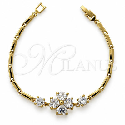 Oro Laminado Fancy Bracelet, Gold Filled Style Flower and Heart Design, with White Cubic Zirconia, Polished, Golden Finish, 5.027.002 (16 MM Thickness, 7 Inches Length)