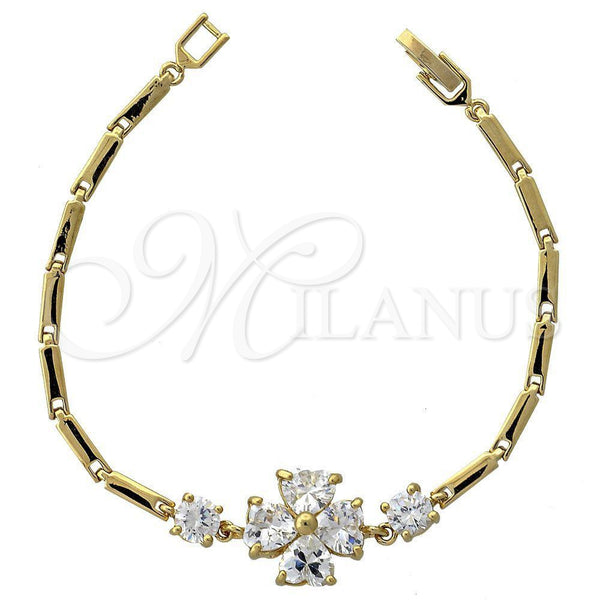Oro Laminado Fancy Bracelet, Gold Filled Style Flower and Heart Design, with White Cubic Zirconia, Polished, Golden Finish, 5.027.002 (16 MM Thickness, 7 Inches Length)