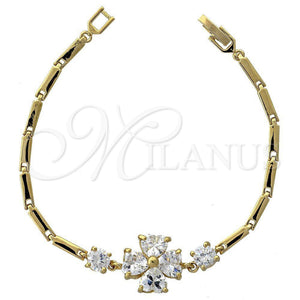 Oro Laminado Fancy Bracelet, Gold Filled Style Flower and Heart Design, with White Cubic Zirconia, Polished, Golden Finish, 5.027.002 (16 MM Thickness, 7 Inches Length)