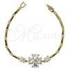 Oro Laminado Fancy Bracelet, Gold Filled Style Flower and Heart Design, with White Cubic Zirconia, Polished, Golden Finish, 5.027.002 (16 MM Thickness, 7 Inches Length)