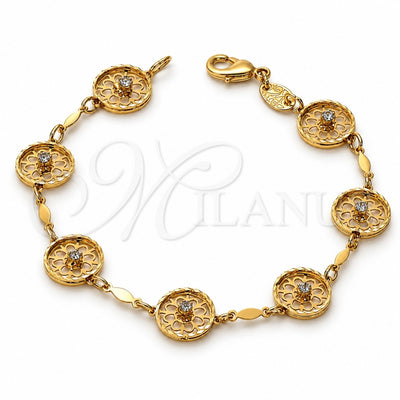 Oro Laminado Fancy Bracelet, Gold Filled Style Flower Design, with White Cubic Zirconia, Diamond Cutting Finish, Golden Finish, 5.027.012 (10 MM Thickness, 7 Inches Length)