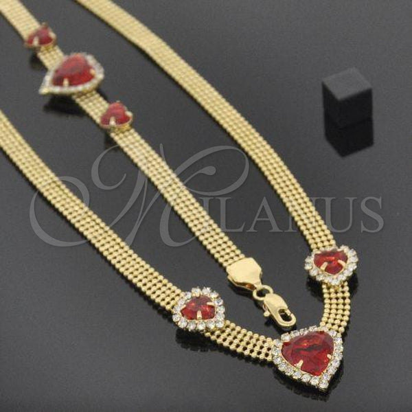 Oro Laminado Necklace and Bracelet, Gold Filled Style Heart Design, with Garnet and White Cubic Zirconia, Polished, Golden Finish, 5.013.004