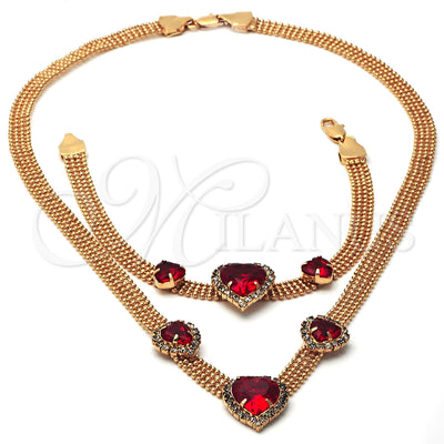 Oro Laminado Necklace and Bracelet, Gold Filled Style Heart Design, with Garnet and White Cubic Zirconia for wholesale, main product view
