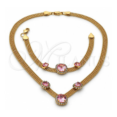 Oro Laminado Necklace and Bracelet, Gold Filled Style with Light Rhodolite and White Cubic Zirconia, Polished, Golden Finish, 5.013.005