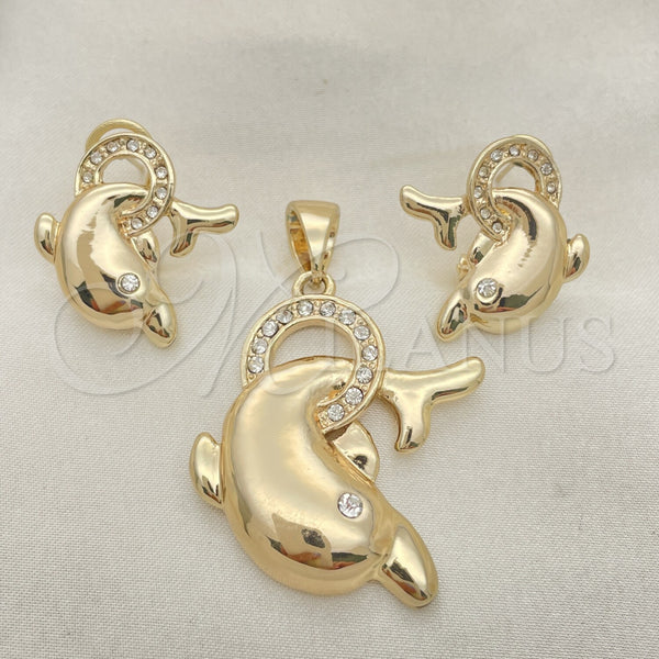 Oro Laminado Earring and Pendant Adult Set, Gold Filled Style Dolphin Design, with White Crystal, Polished, Golden Finish, 5.040.009