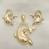 Oro Laminado Earring and Pendant Adult Set, Gold Filled Style Dolphin Design, with White Crystal, Polished, Golden Finish, 5.040.009