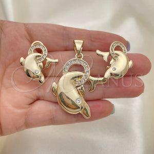 Oro Laminado Earring and Pendant Adult Set, Gold Filled Style Dolphin Design, with White Crystal, Polished, Golden Finish, 5.040.009