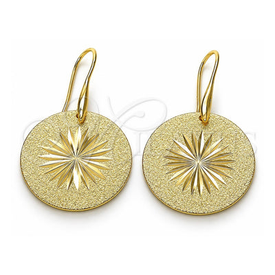 Oro Laminado Dangle Earring, Gold Filled Style Flower and Sun Design, Diamond Cutting Finish, Golden Finish, 5.092.003